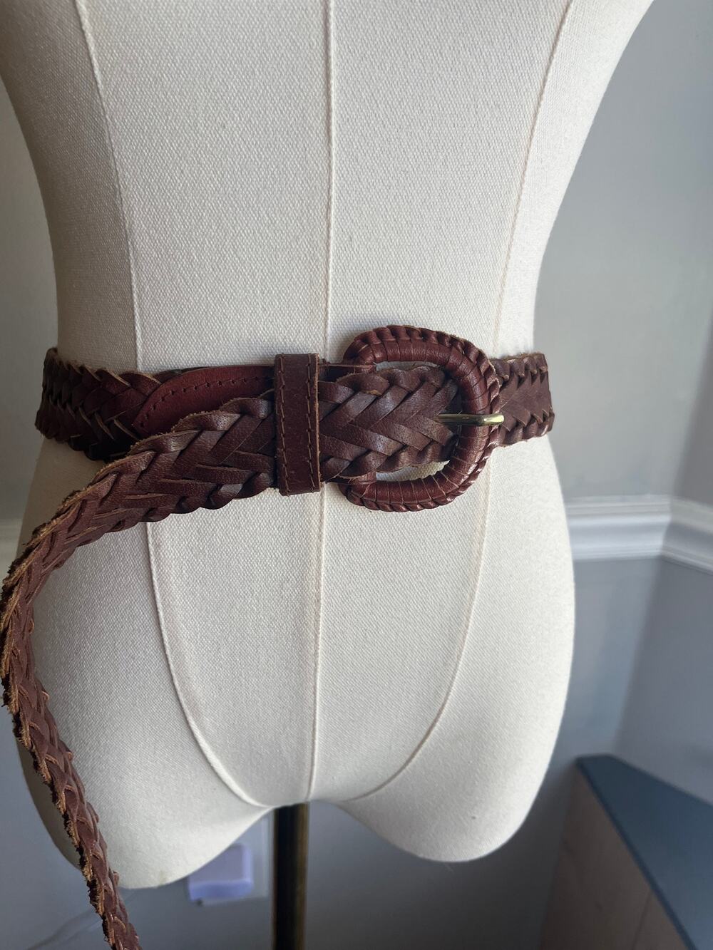 Vintage 90s Brown Woven Leather Belt with Leather Buckle Size 3XL